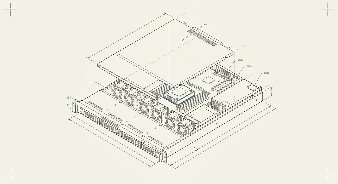 Exploded blueprint of a rack-mounted server unit